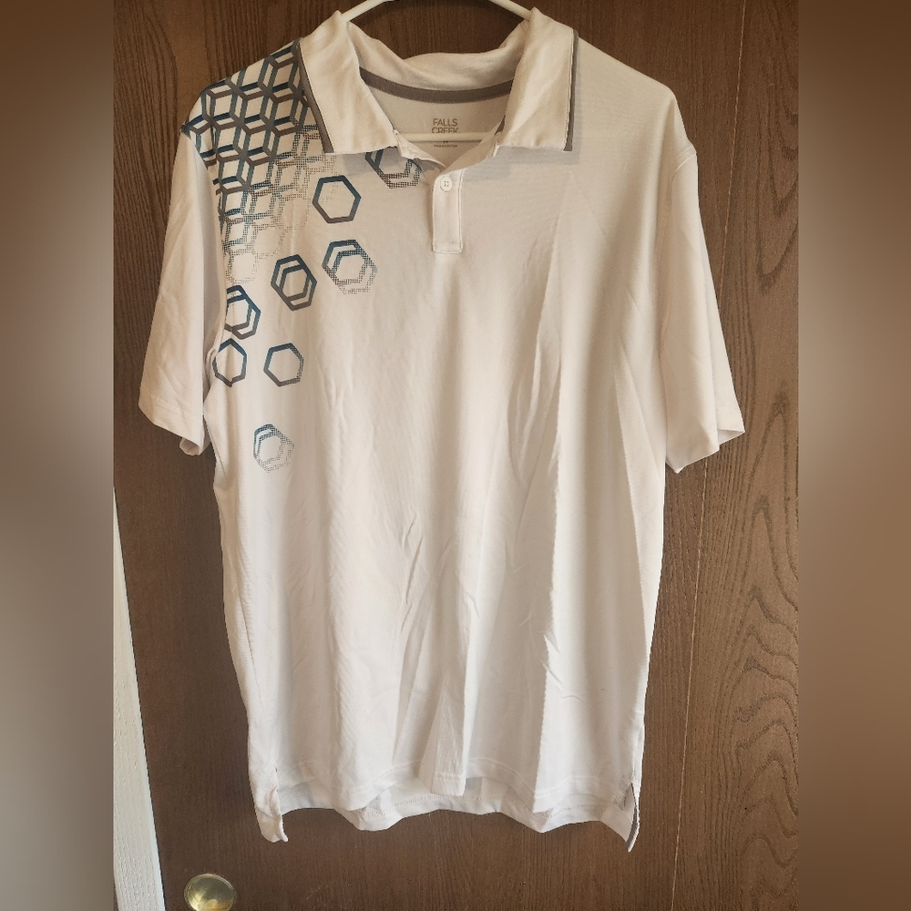 Falls Creek White Polo with Blue Hexagon Design